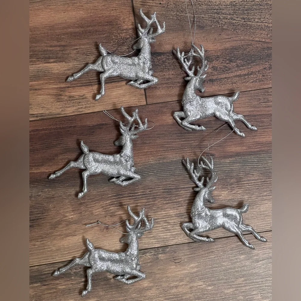 Elegant Silver Glittery Christmas Reindeer Ornament Set of 5 Holiday Cheer